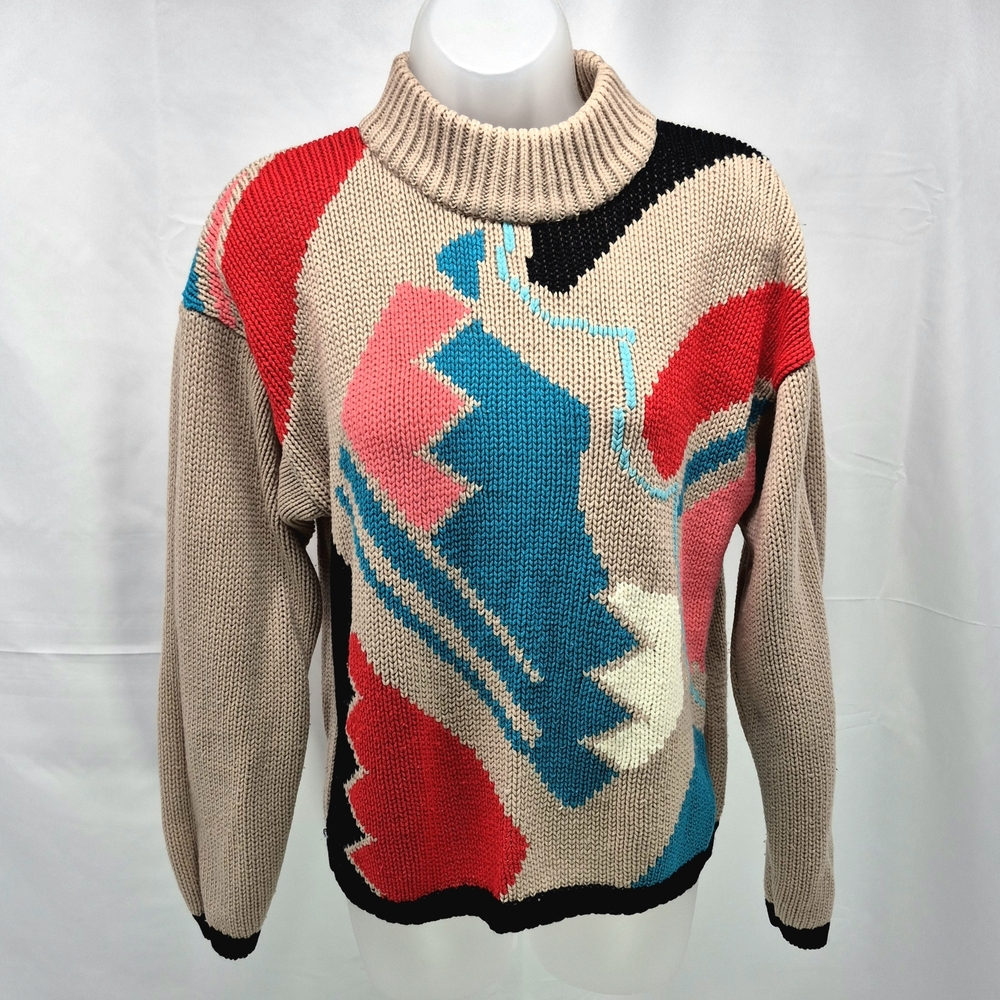 Vintage 80s 90s Adam French Chunky Knit Sweater Geometric Abstract Mock Neck Med - Picture 1 of 9